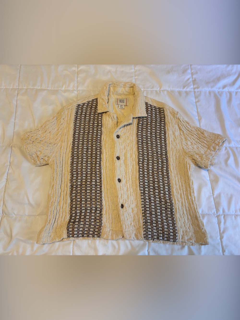 BDG Cream Short-Sleeve Knit Button-Down Top with Brown Vertical Panels